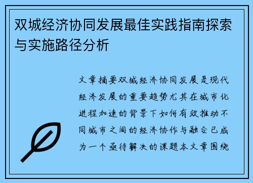 双城经济协同发展最佳实践指南探索与实施路径分析