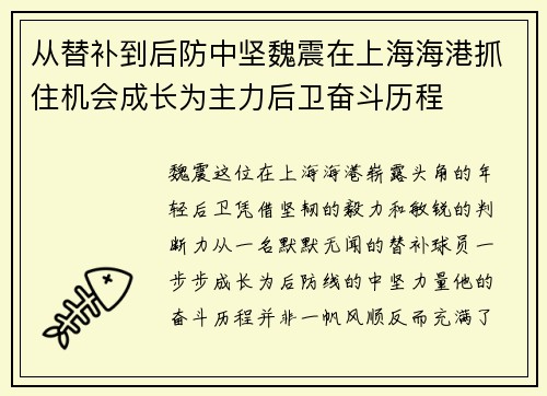 从替补到后防中坚魏震在上海海港抓住机会成长为主力后卫奋斗历程